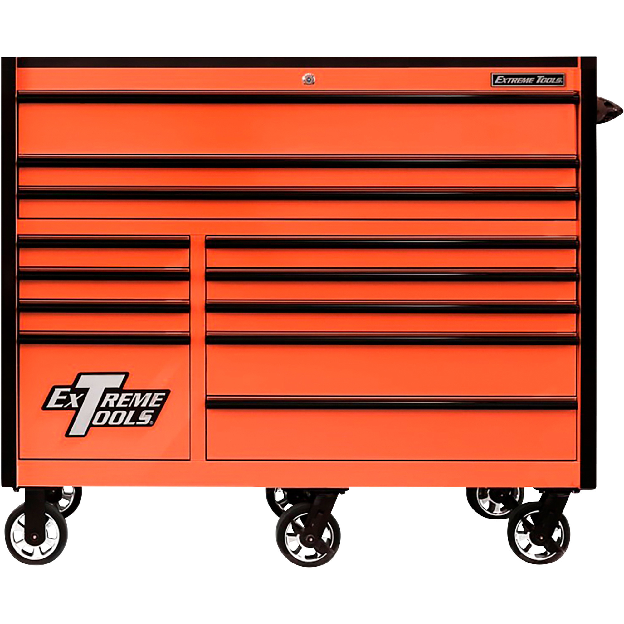 Extreme Tools 12-Drawer Roller Cabinet - 55in.W x 25in.D, Quick-Release Self-Latching Drawer Pulls, 900-Lb. Load Capacity, Orange/Black, Model# RX552512RCORBK-X
